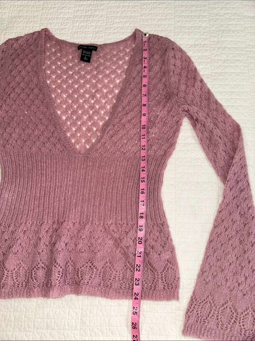 Pink Open Knit V Neck Sweater Women’s Large Boho Sleeve Lightweight Sheer - Picture 4 of 5